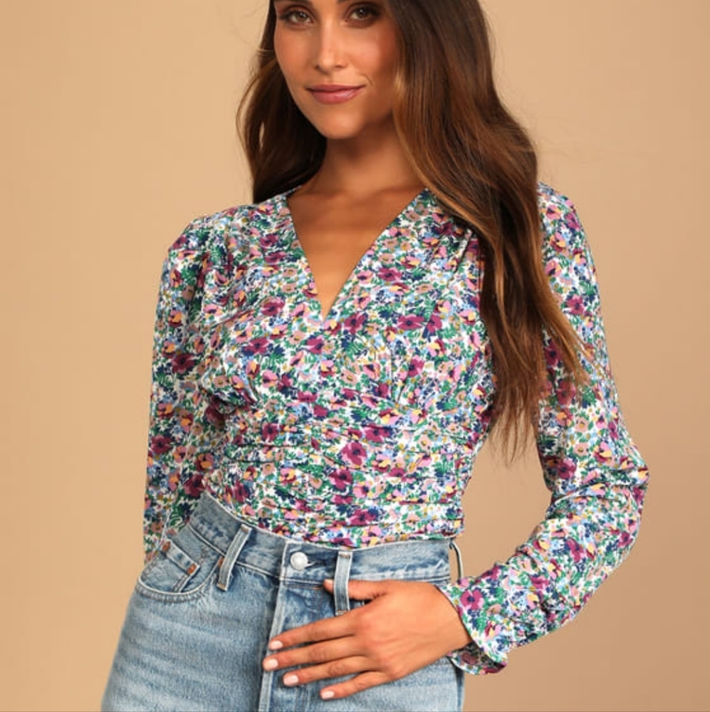 Blooming Buds Purple Floral Print Ruched Long Sleeve Top - Small